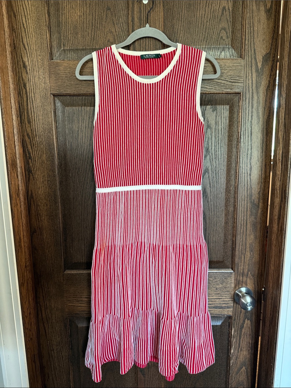 Ralph Lauren Red and Cream Striped Sleeveless Knit Dress Cotton Blend Size Small